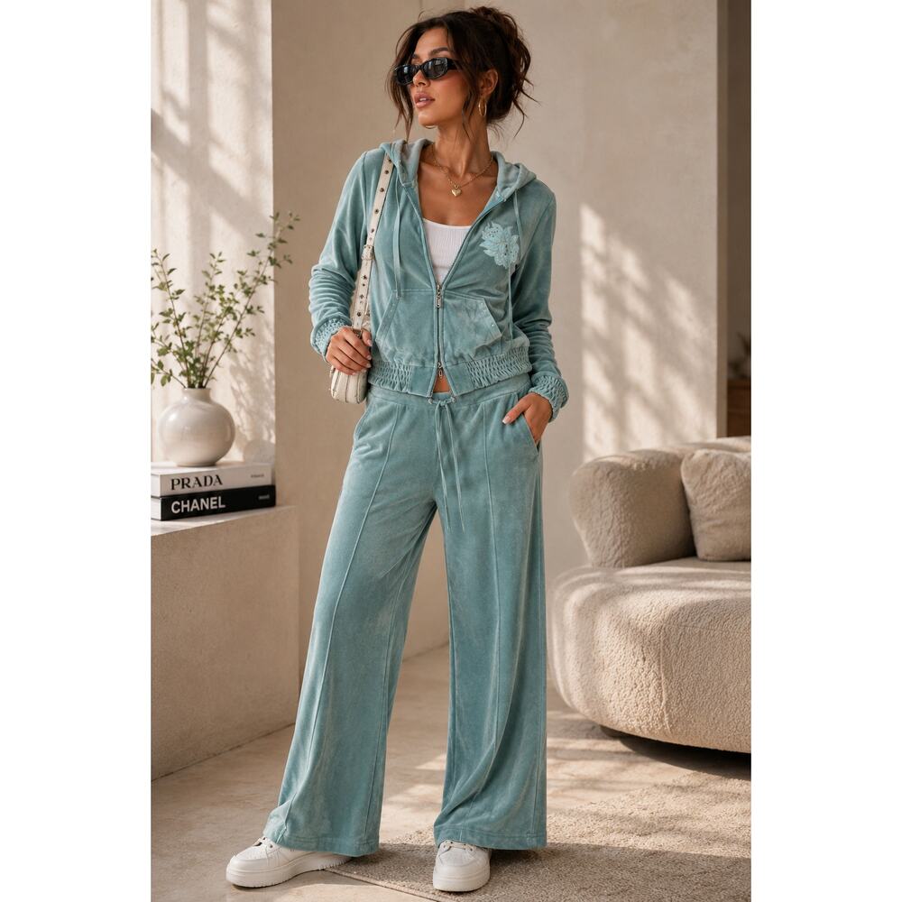 Vintage Cotton Y2K Teal Green Velour Track Suit Pants Set Size M